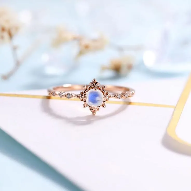 14k Rose Gold Vintage Moonstone Diamond Ring