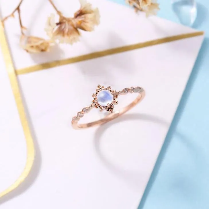 14k Rose Gold Vintage Moonstone Diamond Ring