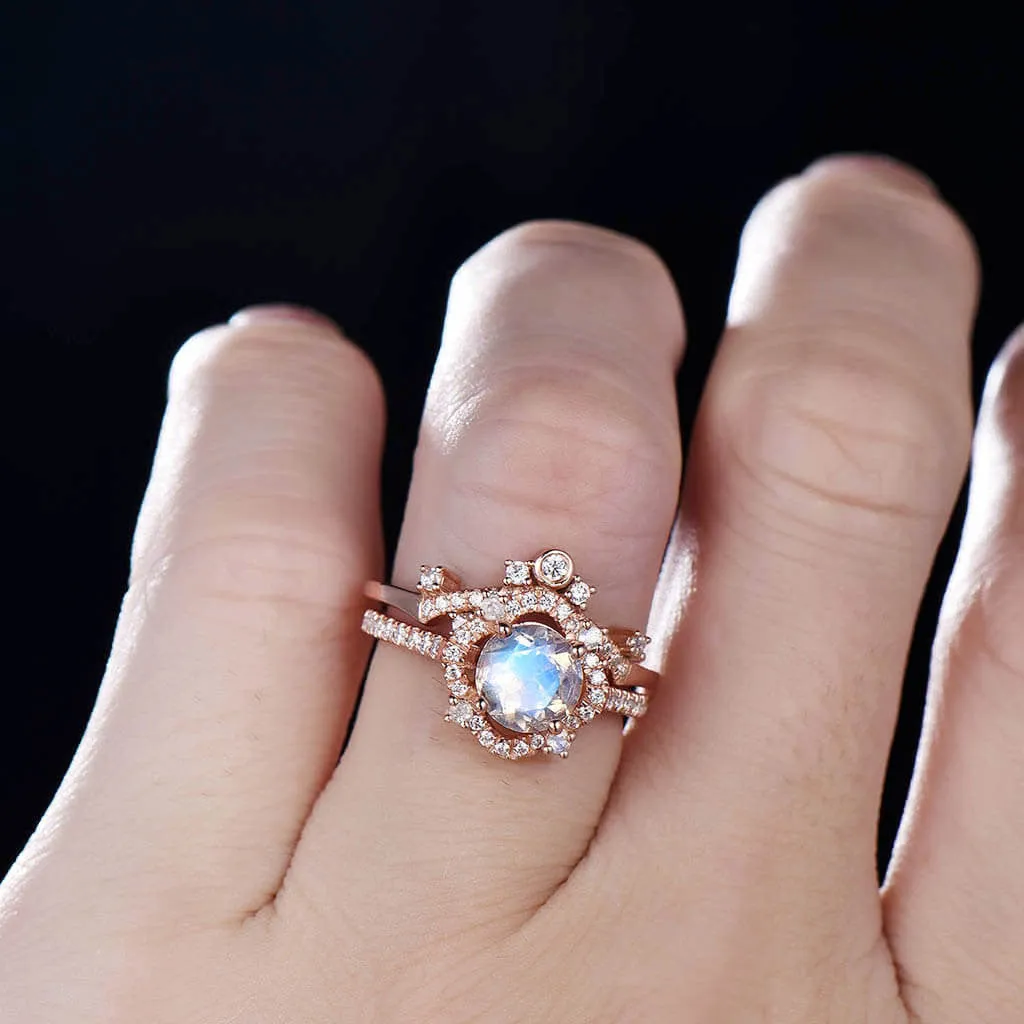 14K/18K Rose Gold Rainbow Cordelia Moonstone Diamond Bridal Set Queen