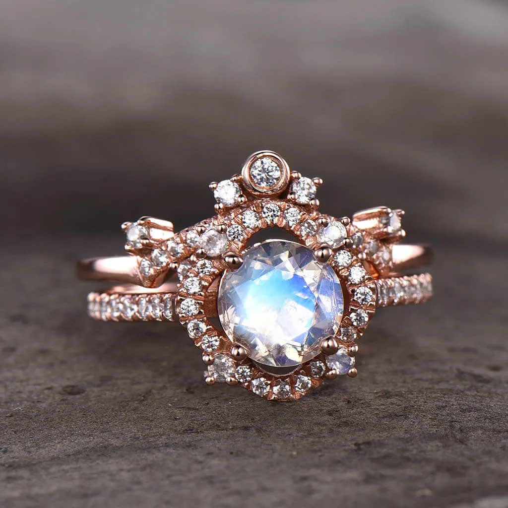 14K/18K Rose Gold Rainbow Cordelia Moonstone Diamond Bridal Set Queen