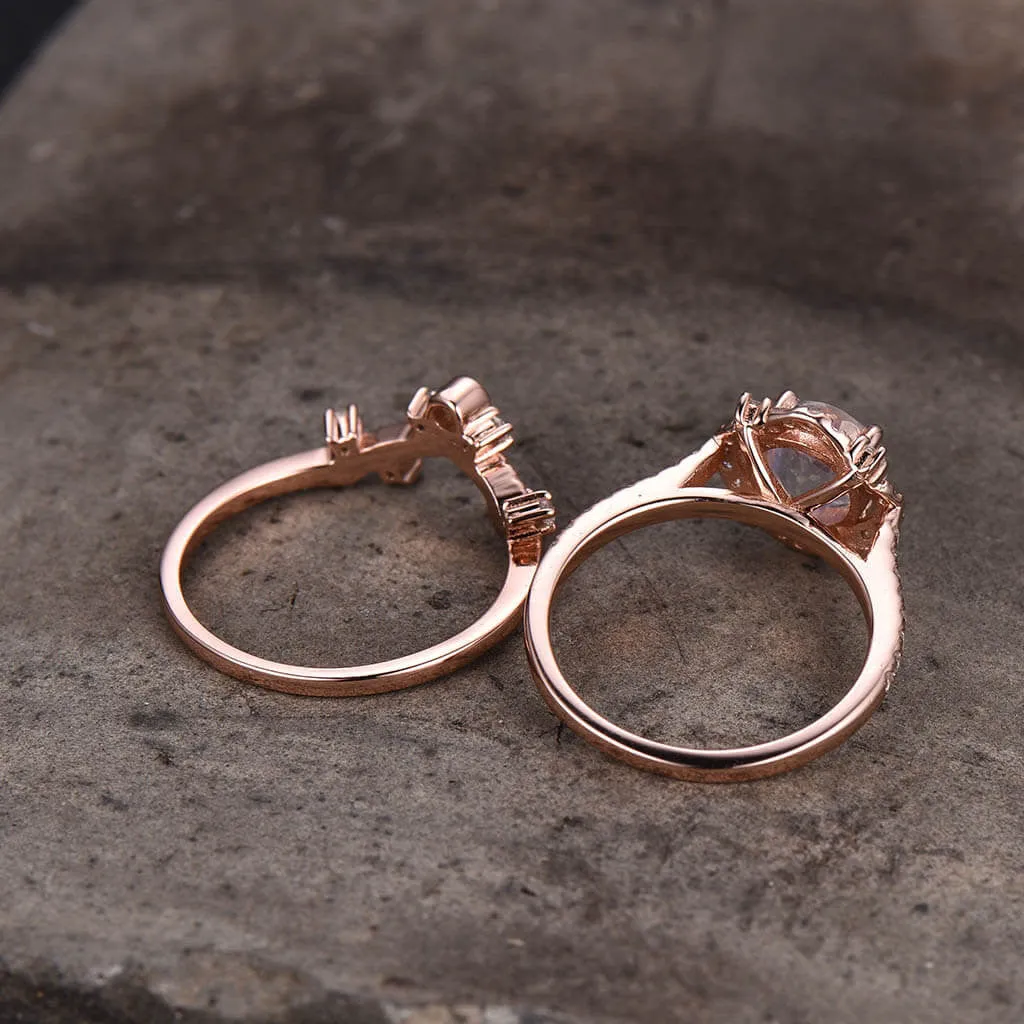 14K/18K Rose Gold Rainbow Cordelia Moonstone Diamond Bridal Set Queen