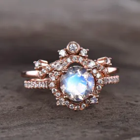 14K/18K Rose Gold Rainbow Cordelia Moonstone Diamond Bridal Set Queen