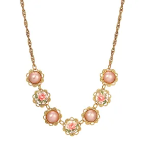 1928 Jewelry Rosabella Raspberry Faux Pearls & Garden Pink Rose Necklace 15"   3" Extension