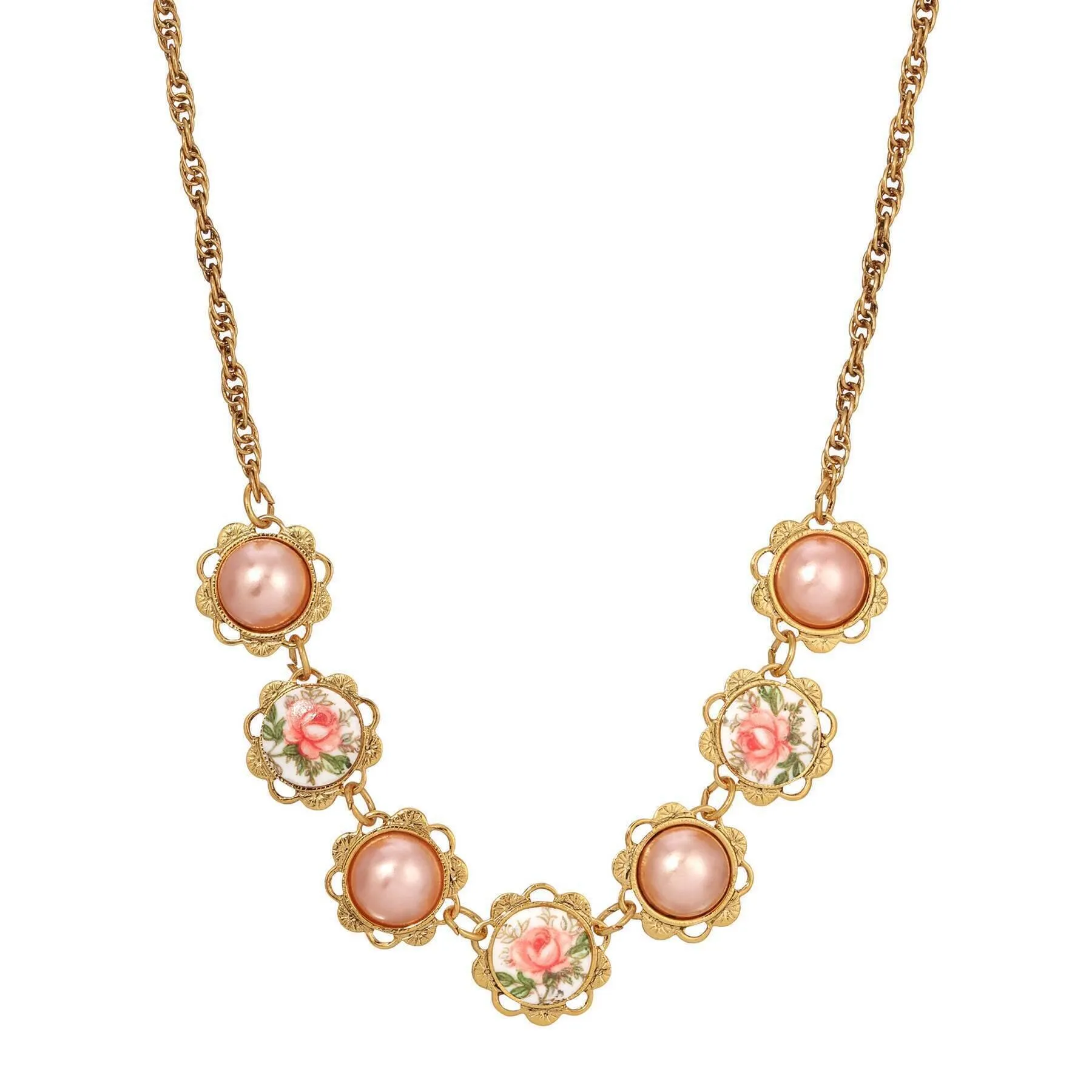 1928 Jewelry Rosabella Raspberry Faux Pearls & Garden Pink Rose Necklace 15"   3" Extension
