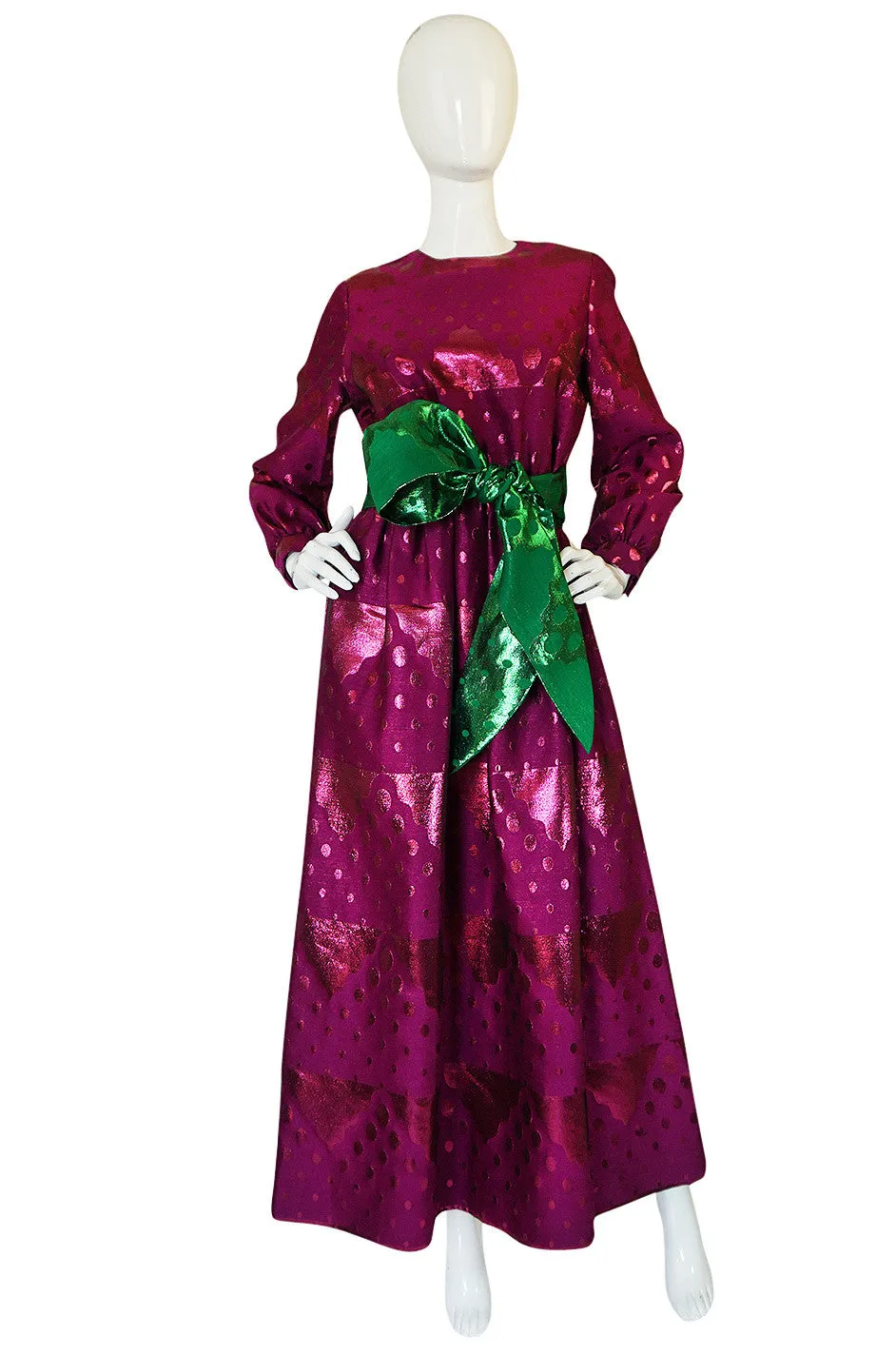 1960s Oscar de la Renta Metallic Dot Dress with Green Sash