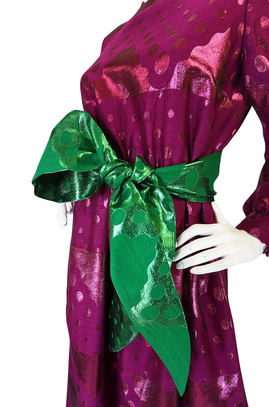 1960s Oscar de la Renta Metallic Dot Dress with Green Sash