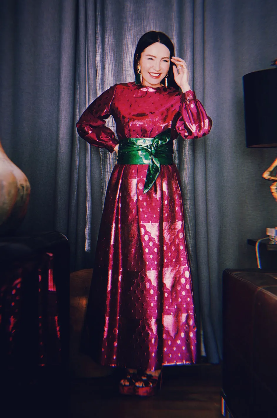 1960s Oscar de la Renta Metallic Dot Dress with Green Sash