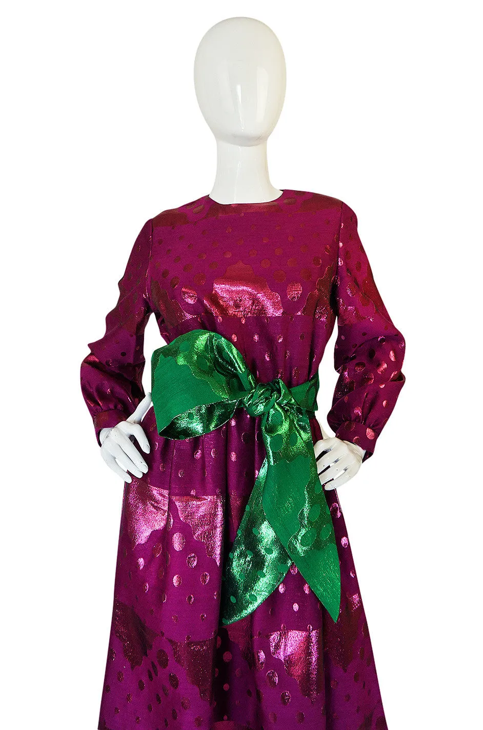1960s Oscar de la Renta Metallic Dot Dress with Green Sash