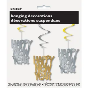 3 Pack Happy New Year Gold & Silver Hanging Swirl Decorations - 90cm