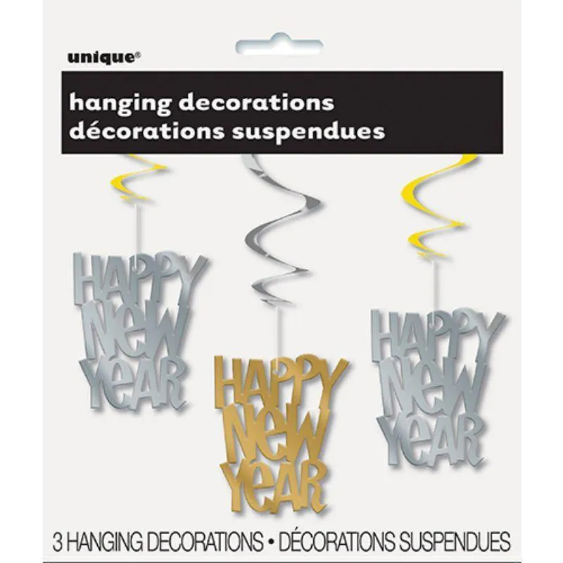 3 Pack Happy New Year Gold & Silver Hanging Swirl Decorations - 90cm
