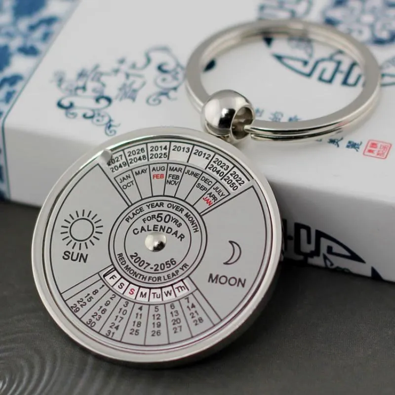 50 Years Keyring Silver Alloy Keychain Perpetual Calendar Zodiac Keyfob Jewelry