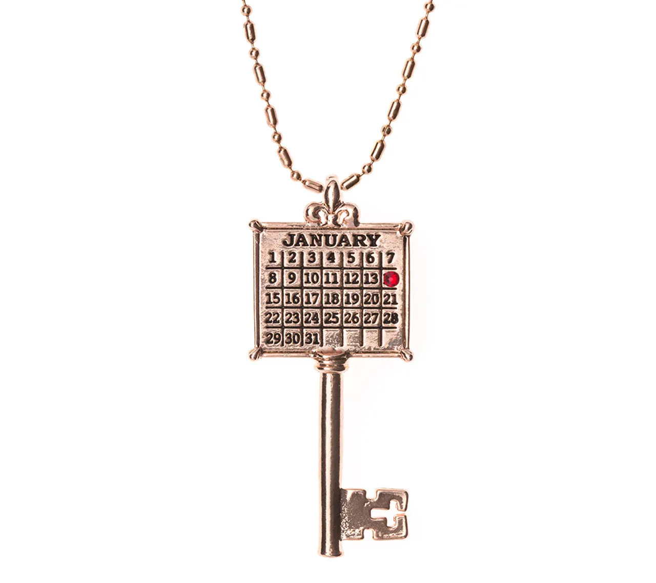AG54. "Your Special Day" Key Calendar Necklace with a Colored Crystal (Ball chain included)