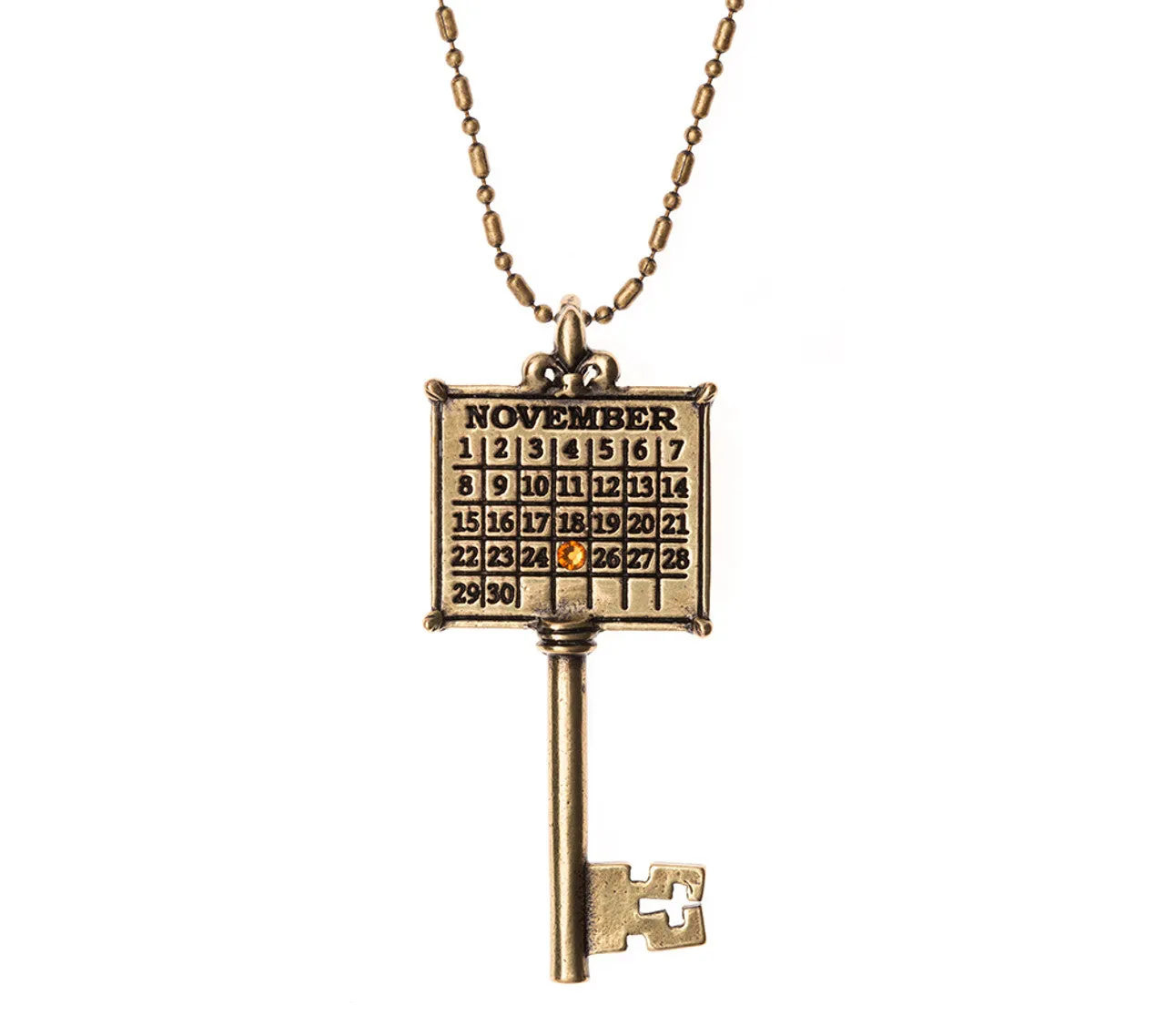 AG54. "Your Special Day" Key Calendar Necklace with a Colored Crystal (Ball chain included)