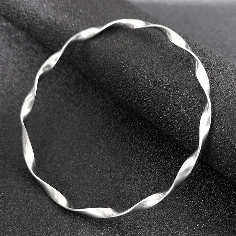 Classic Wave Twisted Bangles Bracelets for Women Silver Color Stainless Steel Bangle