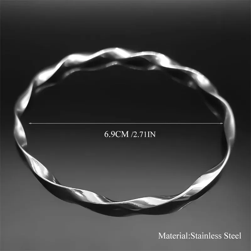 Classic Wave Twisted Bangles Bracelets for Women Silver Color Stainless Steel Bangle