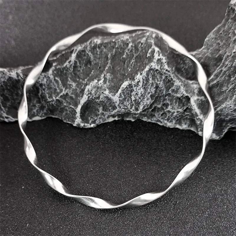 Classic Wave Twisted Bangles Bracelets for Women Silver Color Stainless Steel Bangle