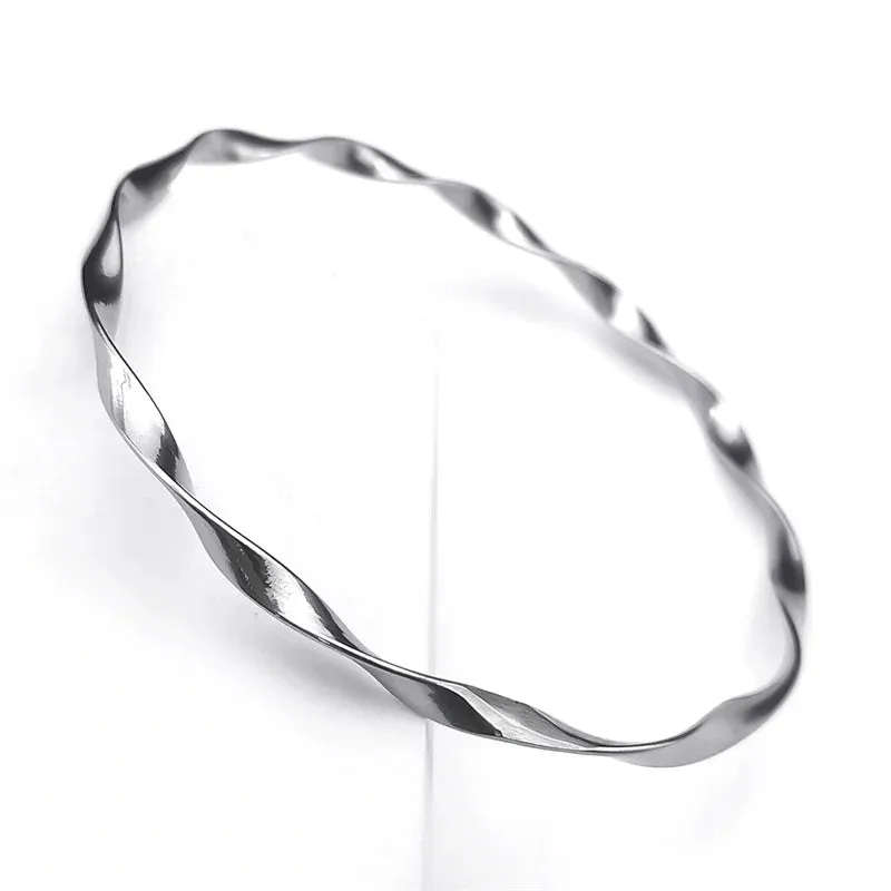 Classic Wave Twisted Bangles Bracelets for Women Silver Color Stainless Steel Bangle