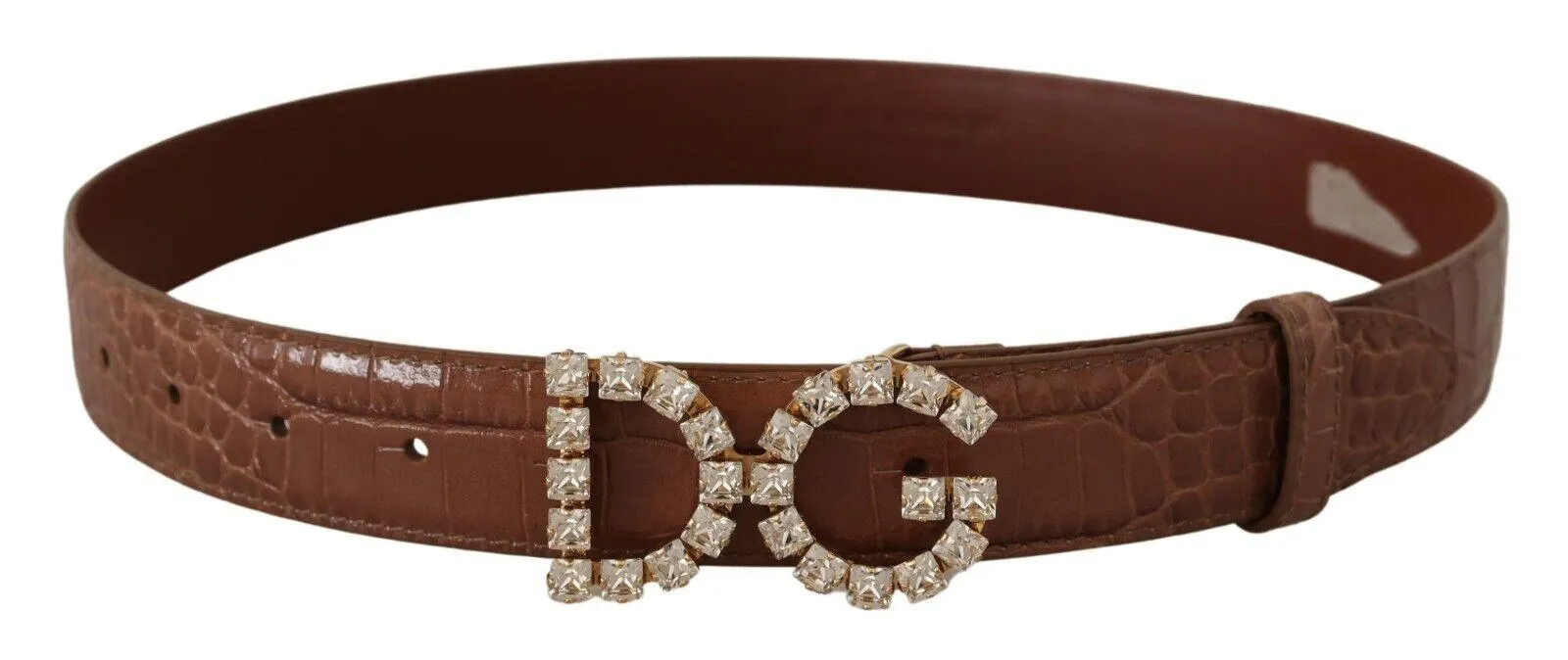 Dolce & Gabbana Brown Crocodile Print Leather Crystal Logo Buckle Belt