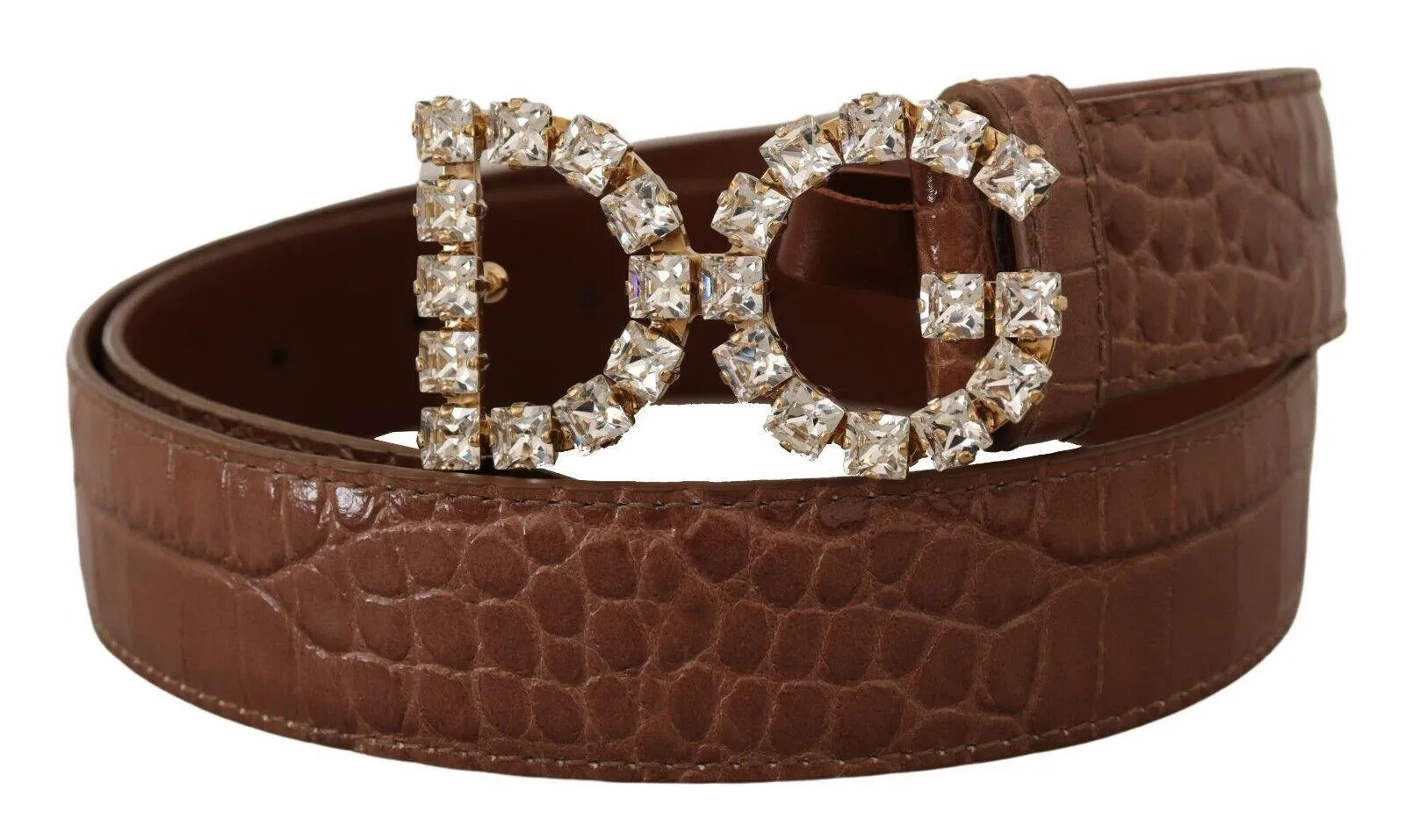 Dolce & Gabbana Brown Crocodile Print Leather Crystal Logo Buckle Belt