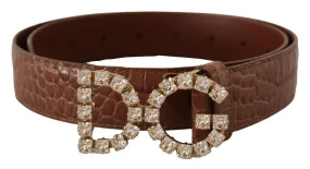 Dolce & Gabbana Brown Crocodile Print Leather Crystal Logo Buckle Belt