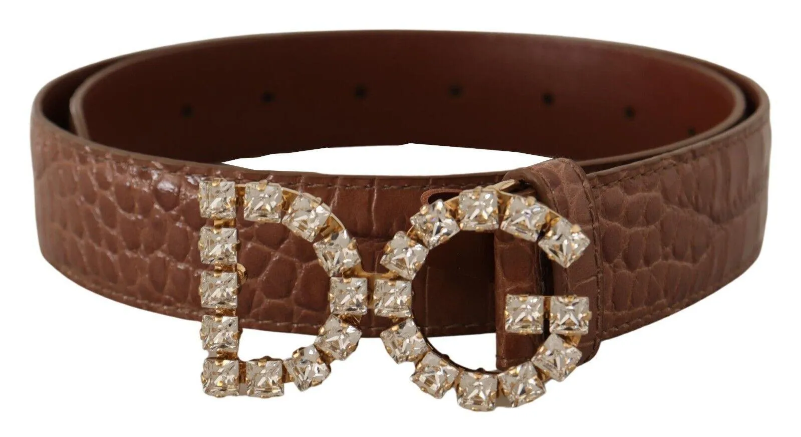 Dolce & Gabbana Brown Crocodile Print Leather Crystal Logo Buckle Belt