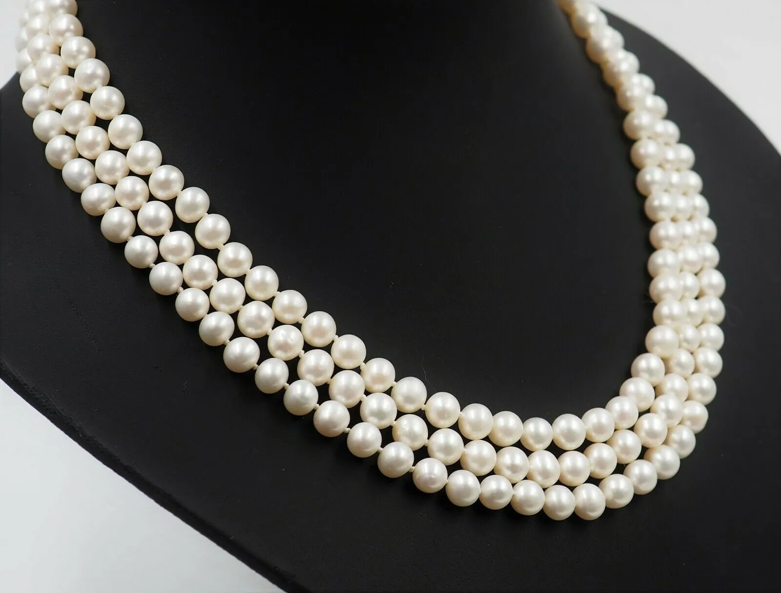 Freshwater Cultured Pearl Triple Strand Necklace with Sterling Silver Clasp