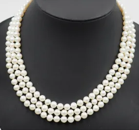 Freshwater Cultured Pearl Triple Strand Necklace with Sterling Silver Clasp
