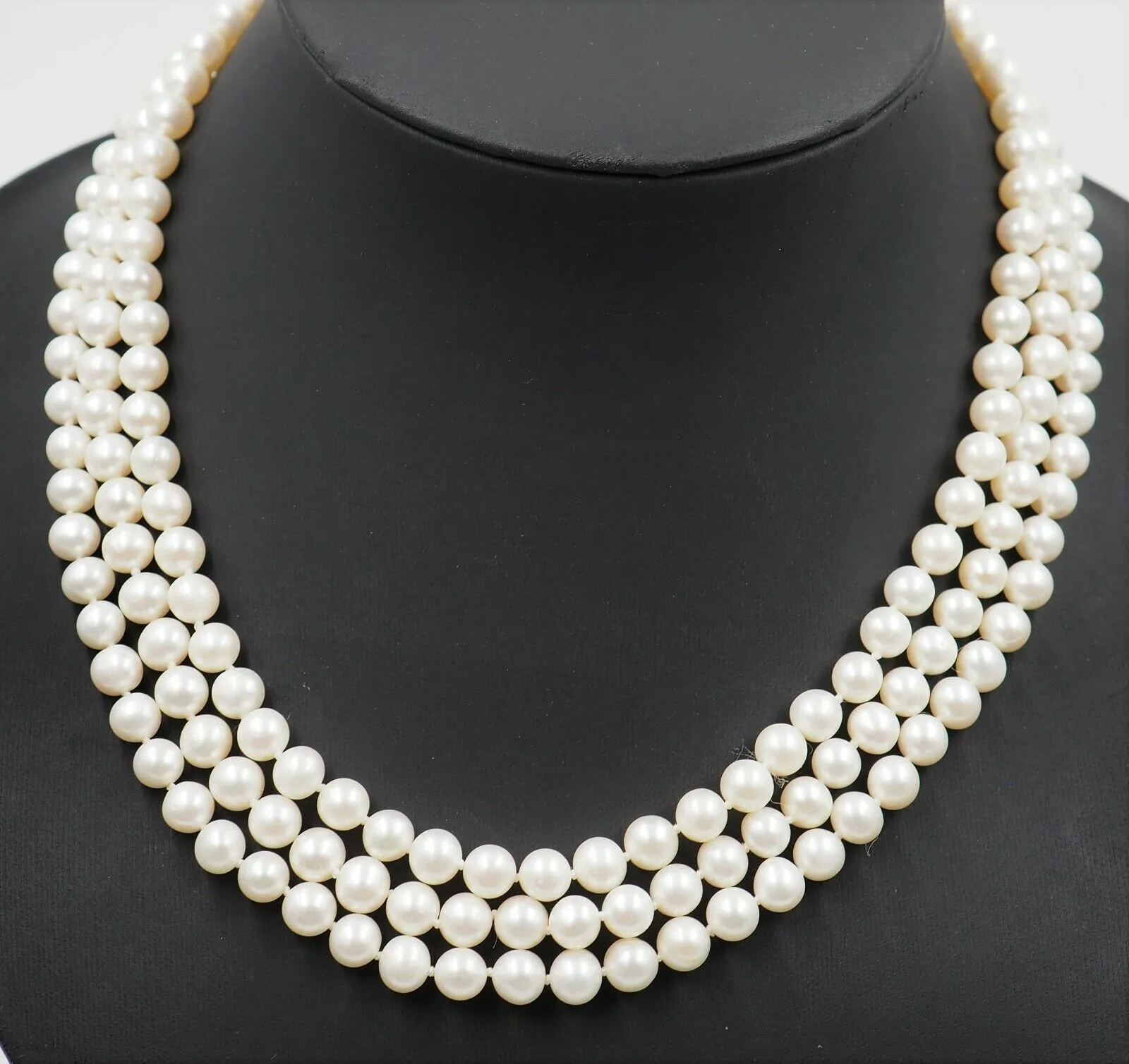 Freshwater Cultured Pearl Triple Strand Necklace with Sterling Silver Clasp