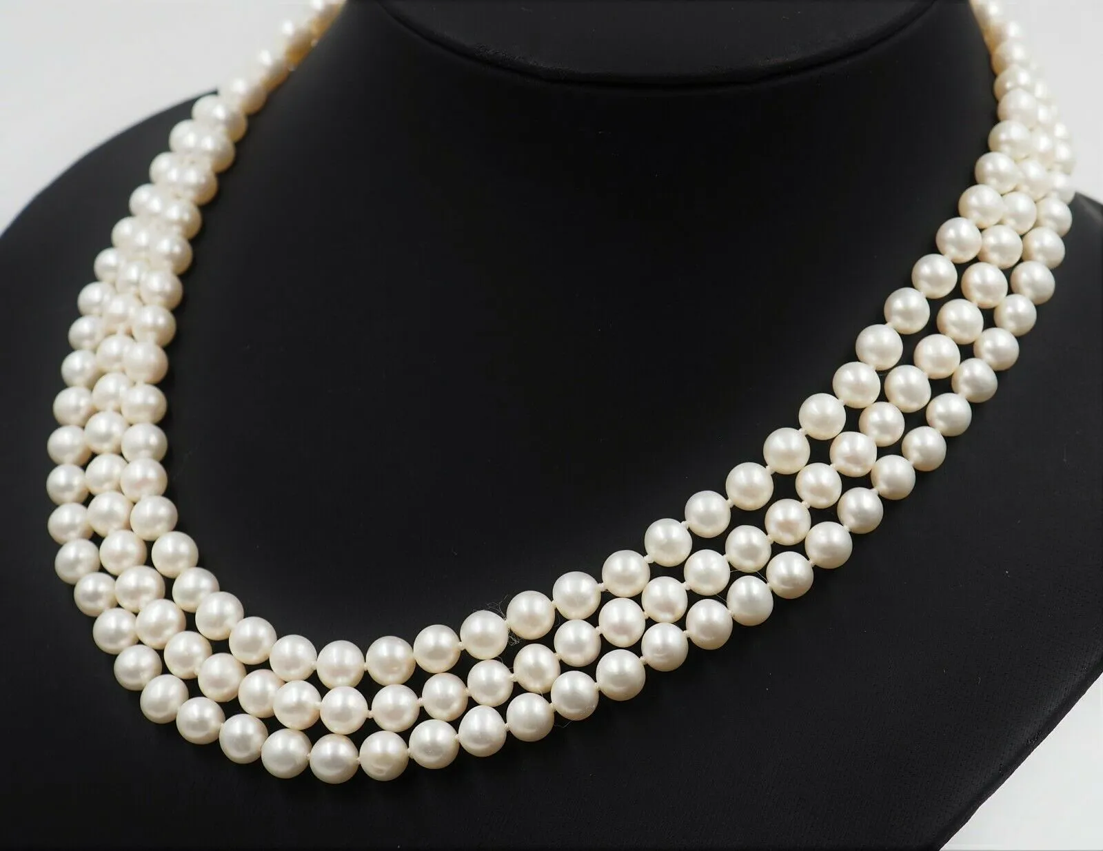 Freshwater Cultured Pearl Triple Strand Necklace with Sterling Silver Clasp