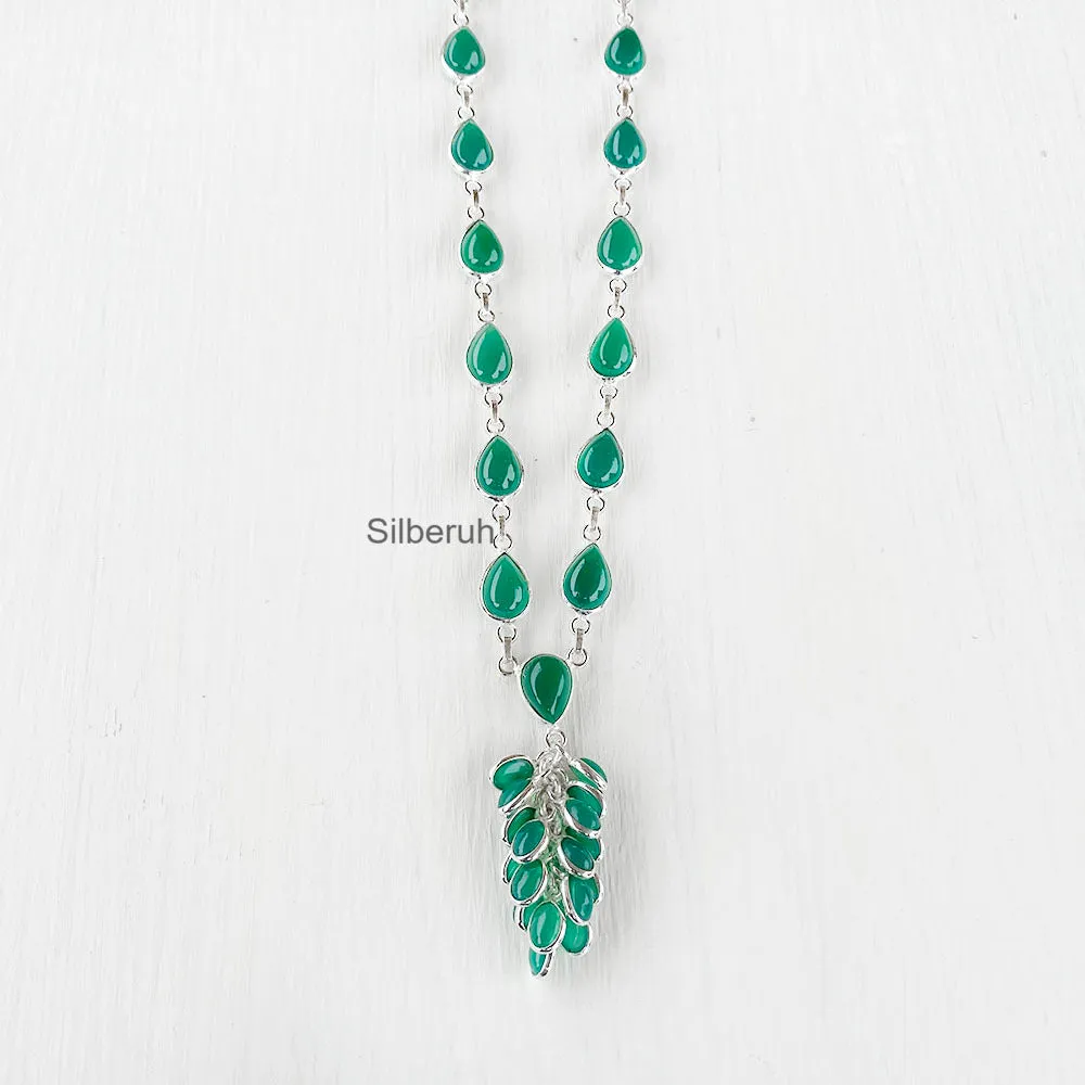 Green Onyx Tassel Silver Necklace