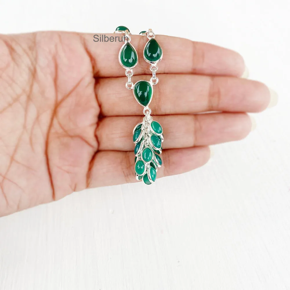 Green Onyx Tassel Silver Necklace