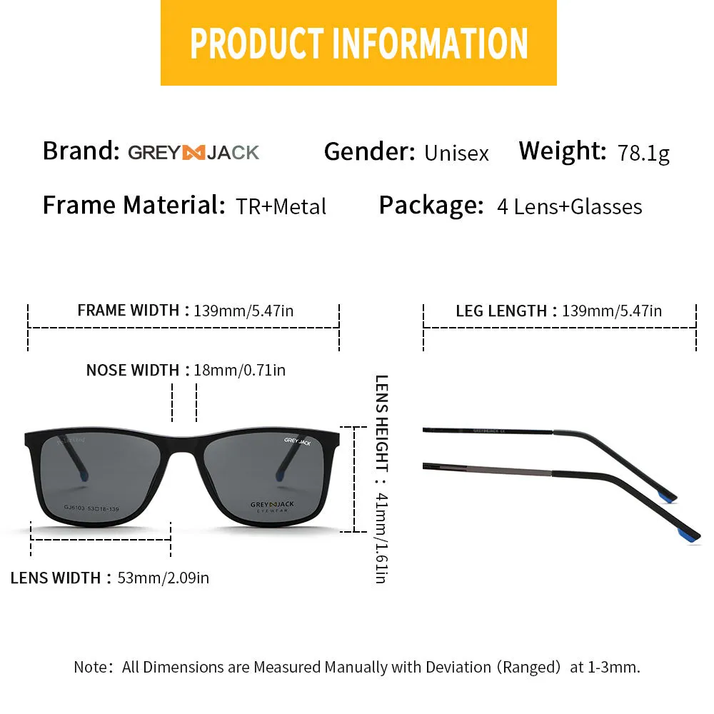 GREY JACK Polarized 4PCS Lens Unisex Clip On Glasses with Spring Hinge 6103