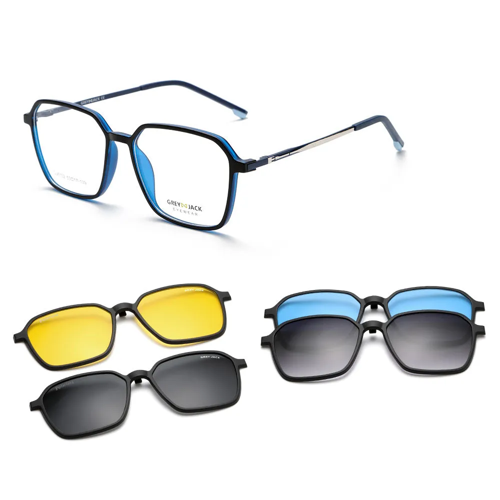 GREY JACK Polarized Polygon 4PCS Lens Clip On Glasses with Spring Hinge 6102
