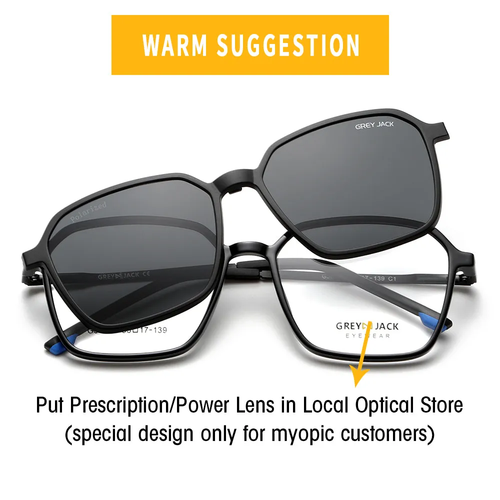 GREY JACK Polarized Polygon 4PCS Lens Clip On Glasses with Spring Hinge 6102