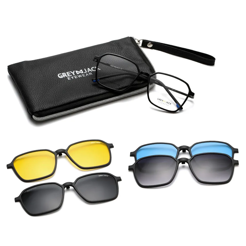 GREY JACK Polarized Polygon 4PCS Lens Clip On Glasses with Spring Hinge 6102