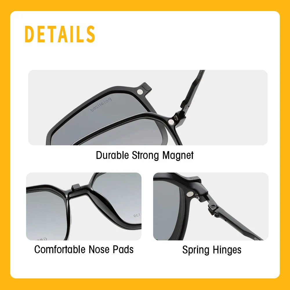 GREY JACK Polarized Polygon 4PCS Lens Clip On Glasses with Spring Hinge 6102
