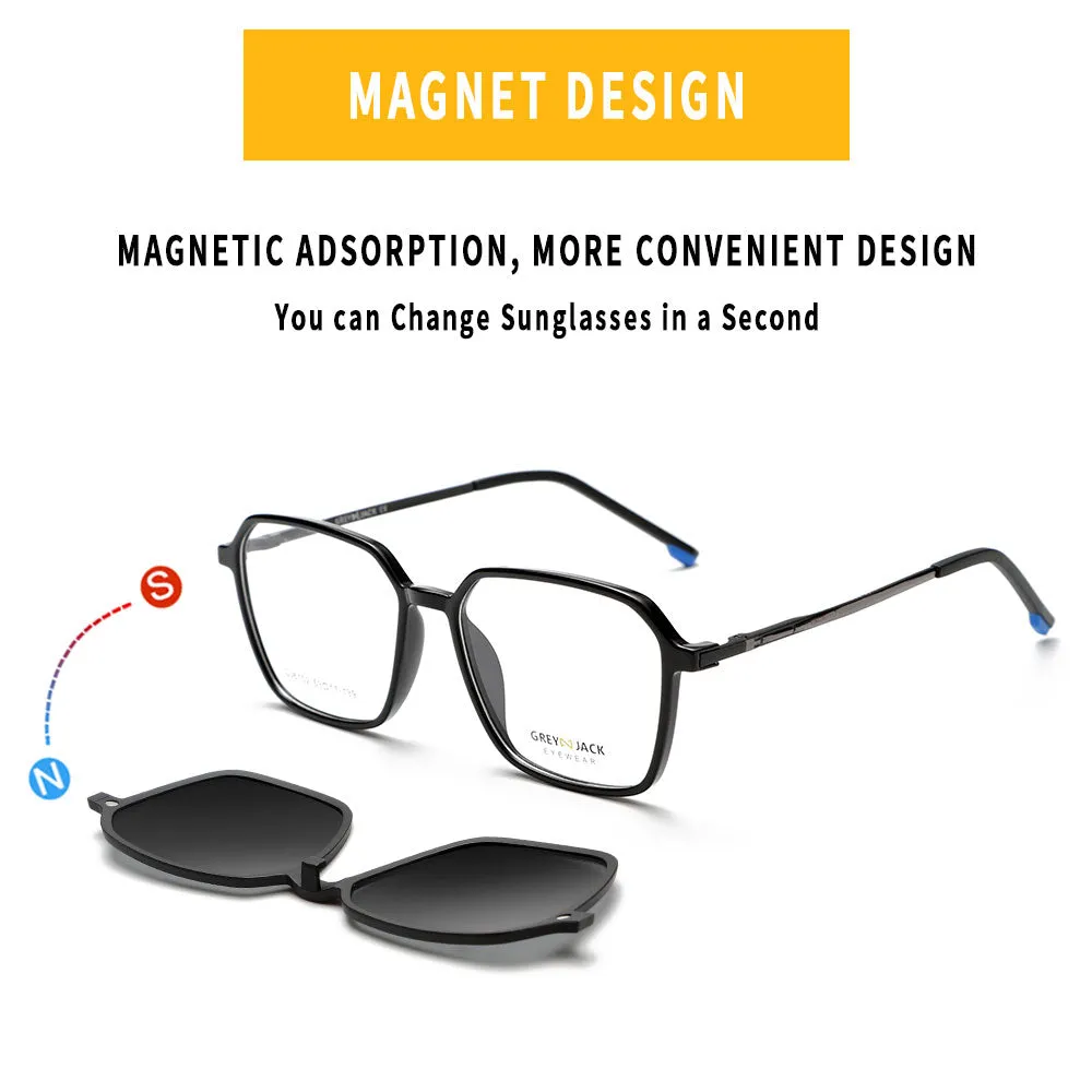 GREY JACK Polarized Polygon 4PCS Lens Clip On Glasses with Spring Hinge 6102