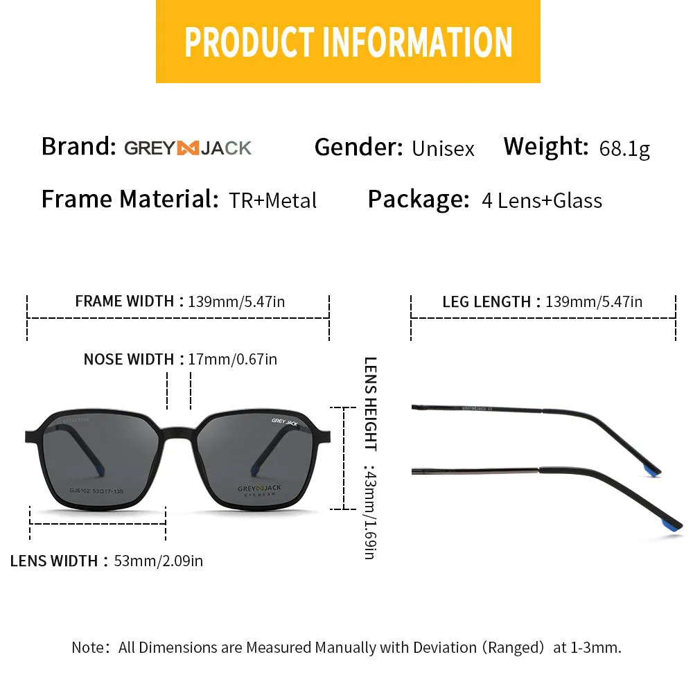 GREY JACK Polarized Polygon 4PCS Lens Clip On Glasses with Spring Hinge 6102