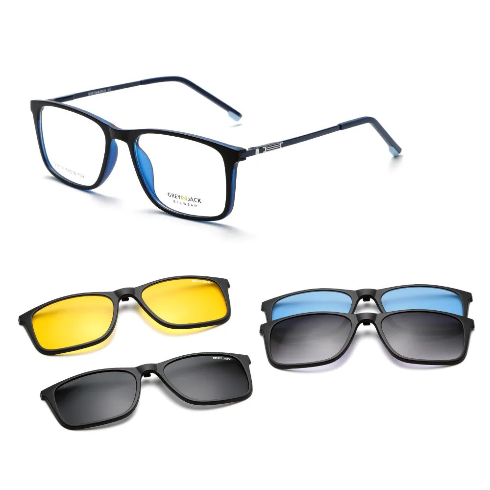 GREY JACK Polarized Rectangle 4 in 1 Clip on Glasses with Spring Hinge 6101