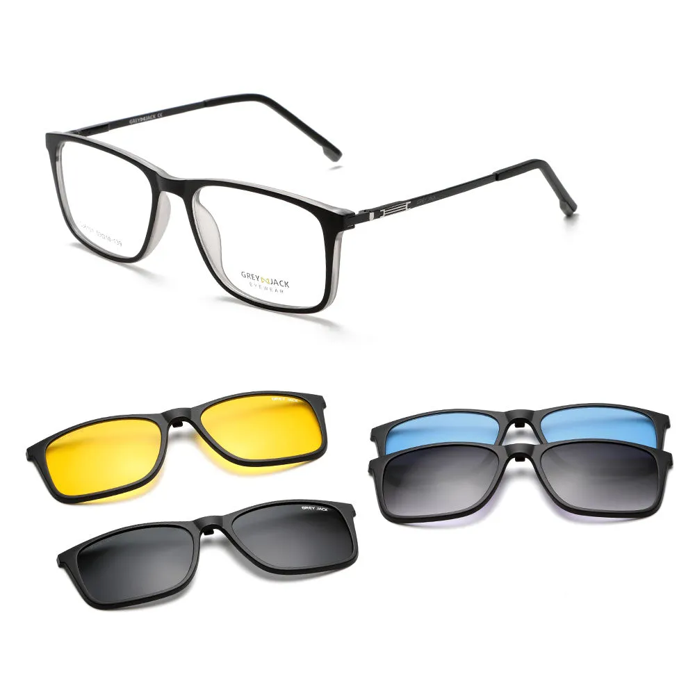 GREY JACK Polarized Rectangle 4 in 1 Clip on Glasses with Spring Hinge 6101
