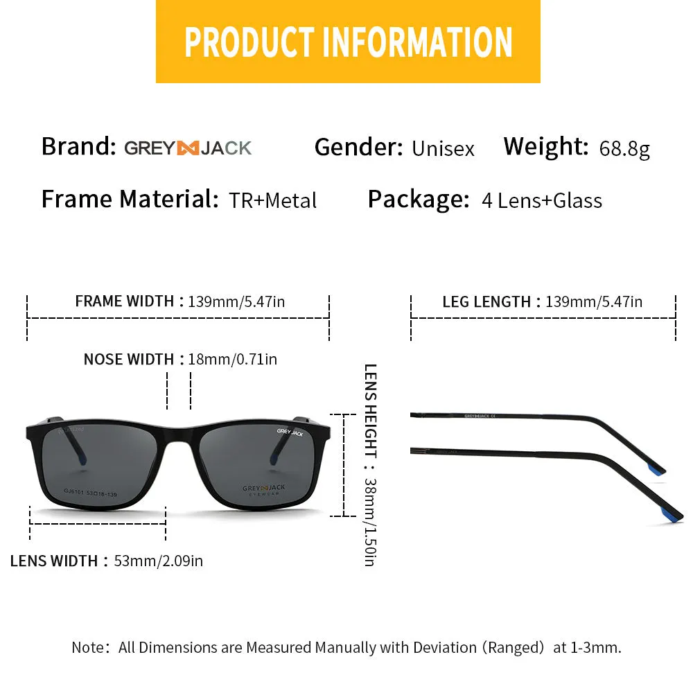 GREY JACK Polarized Rectangle 4 in 1 Clip on Glasses with Spring Hinge 6101