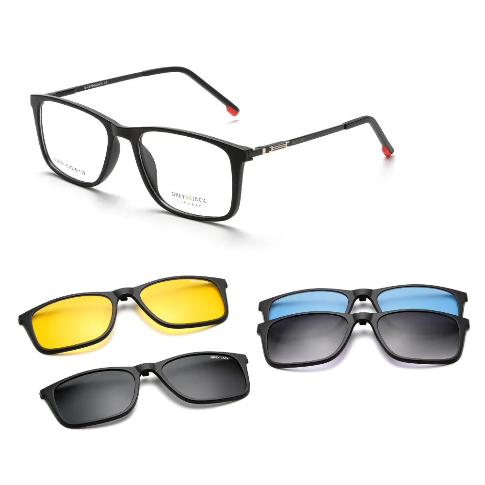 GREY JACK Polarized Rectangle 4 in 1 Clip on Glasses with Spring Hinge 6101