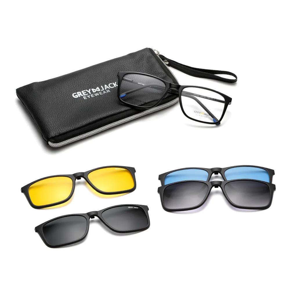 GREY JACK Polarized Rectangle 4 in 1 Clip on Glasses with Spring Hinge 6101
