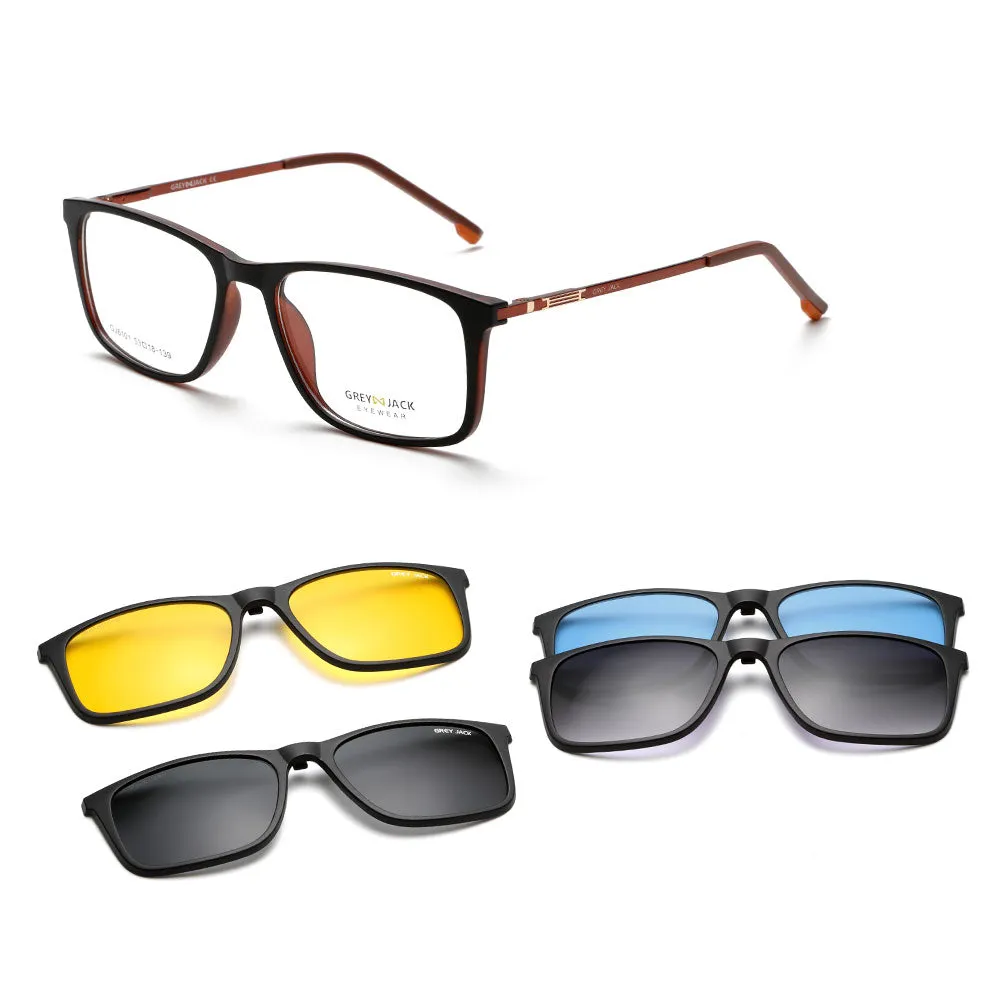 GREY JACK Polarized Rectangle 4 in 1 Clip on Glasses with Spring Hinge 6101