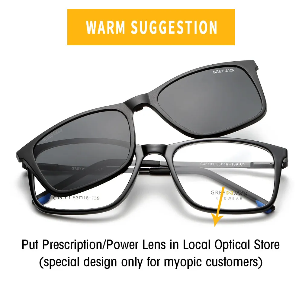 GREY JACK Polarized Rectangle 4 in 1 Clip on Glasses with Spring Hinge 6101
