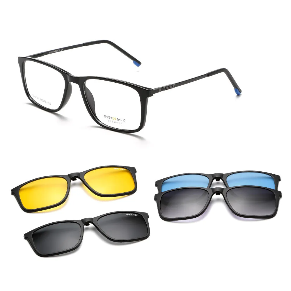 GREY JACK Polarized Rectangle 4 in 1 Clip on Glasses with Spring Hinge 6101