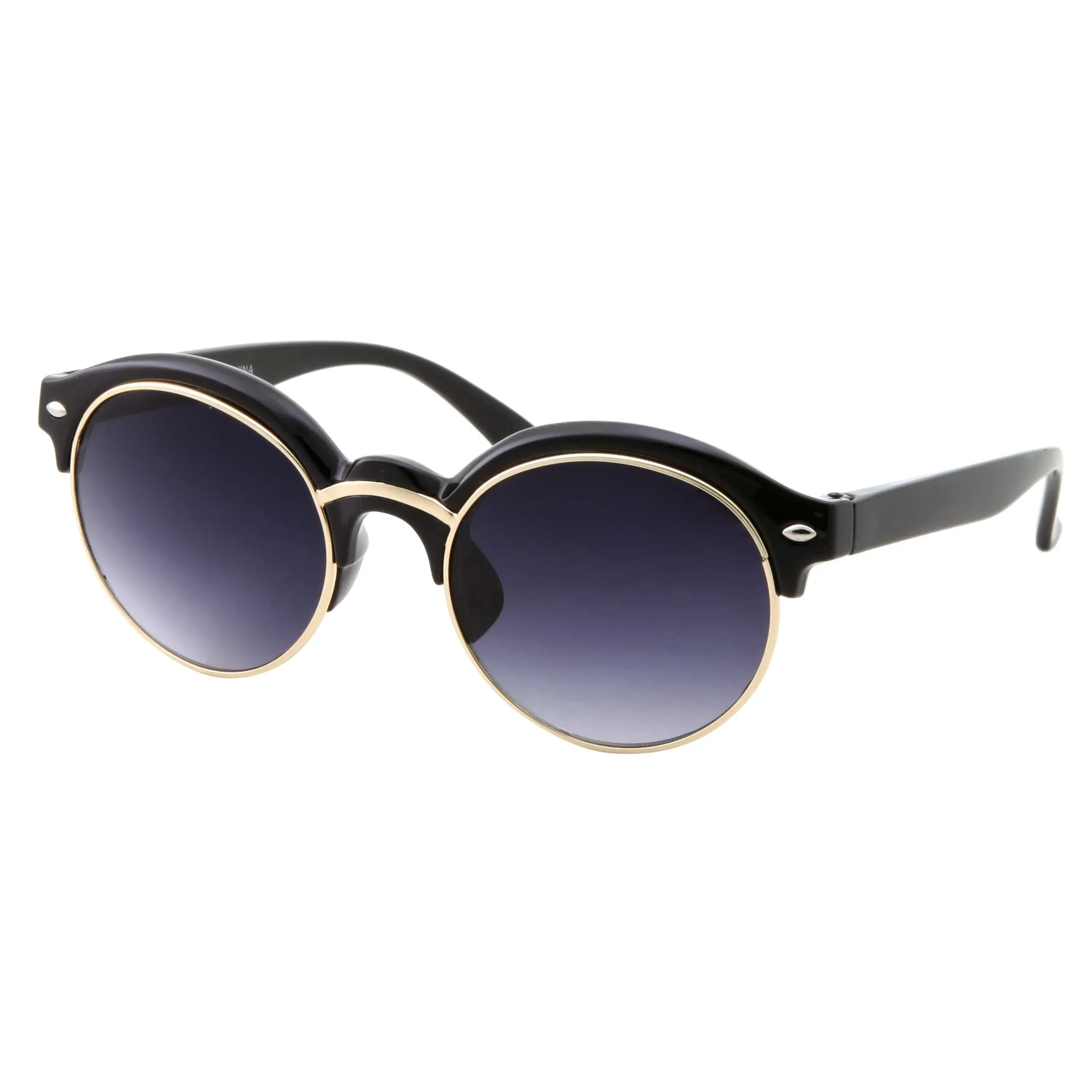 grinderPUNCH Classic Vintage Inspired Horned Rim Plastic Frame Black Gold Round Sunglasses