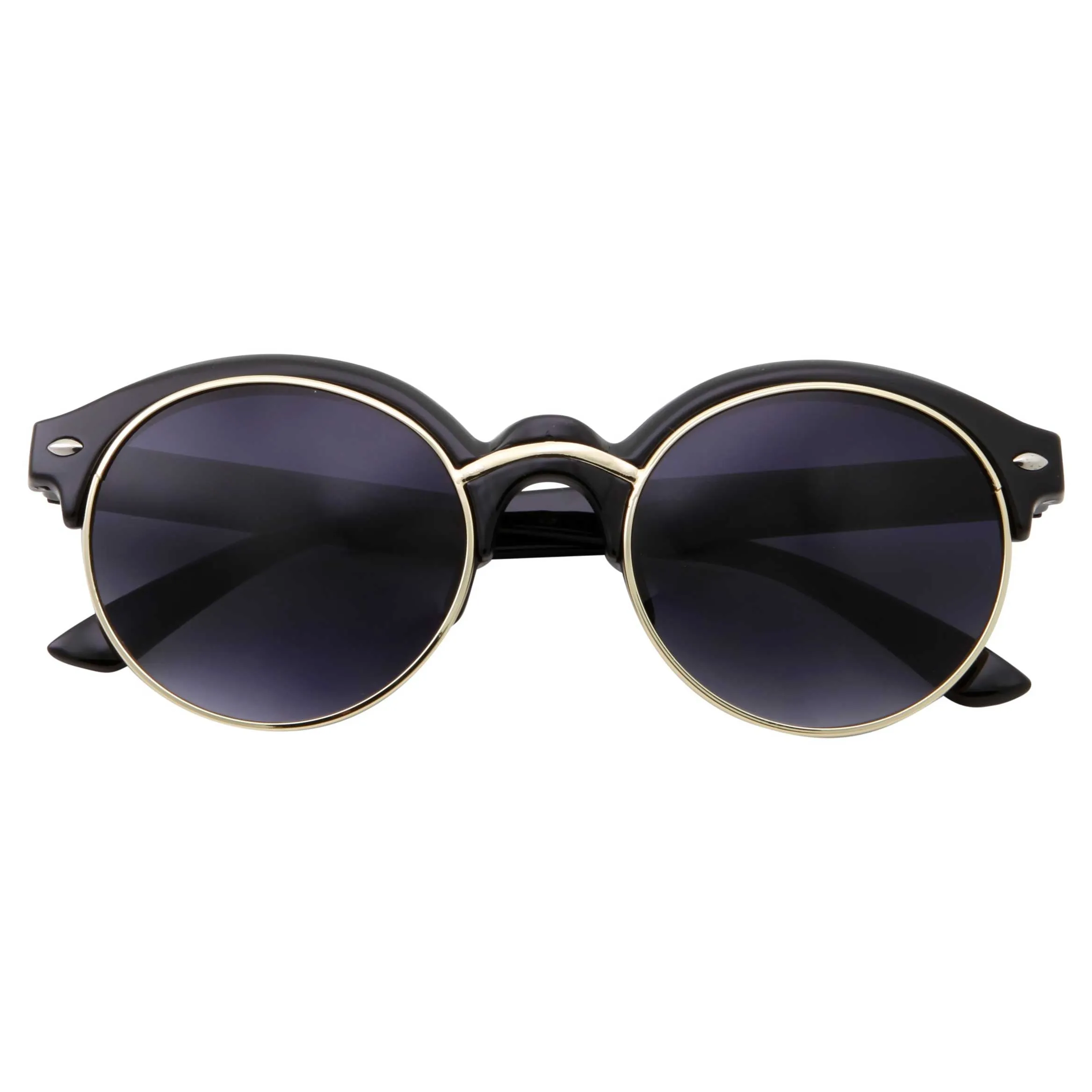 grinderPUNCH Classic Vintage Inspired Horned Rim Plastic Frame Black Gold Round Sunglasses
