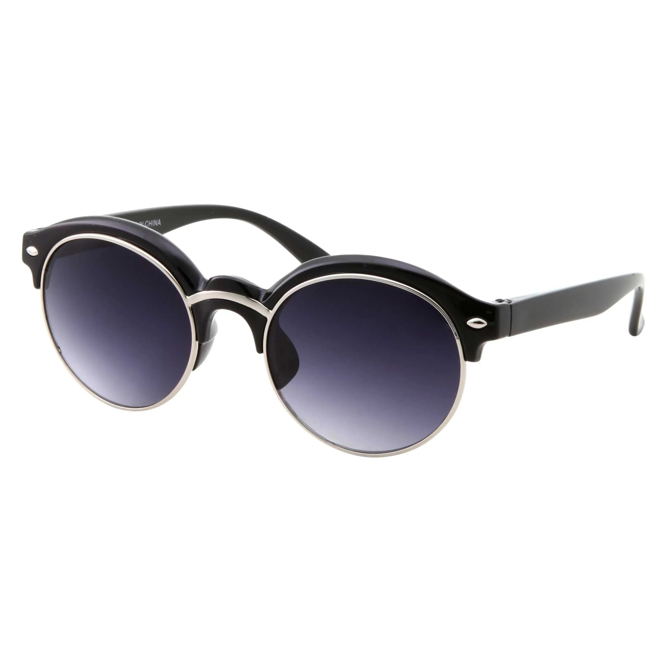 grinderPUNCH Classic Vintage Inspired Horned Rim Plastic Frame Black Gold Round Sunglasses
