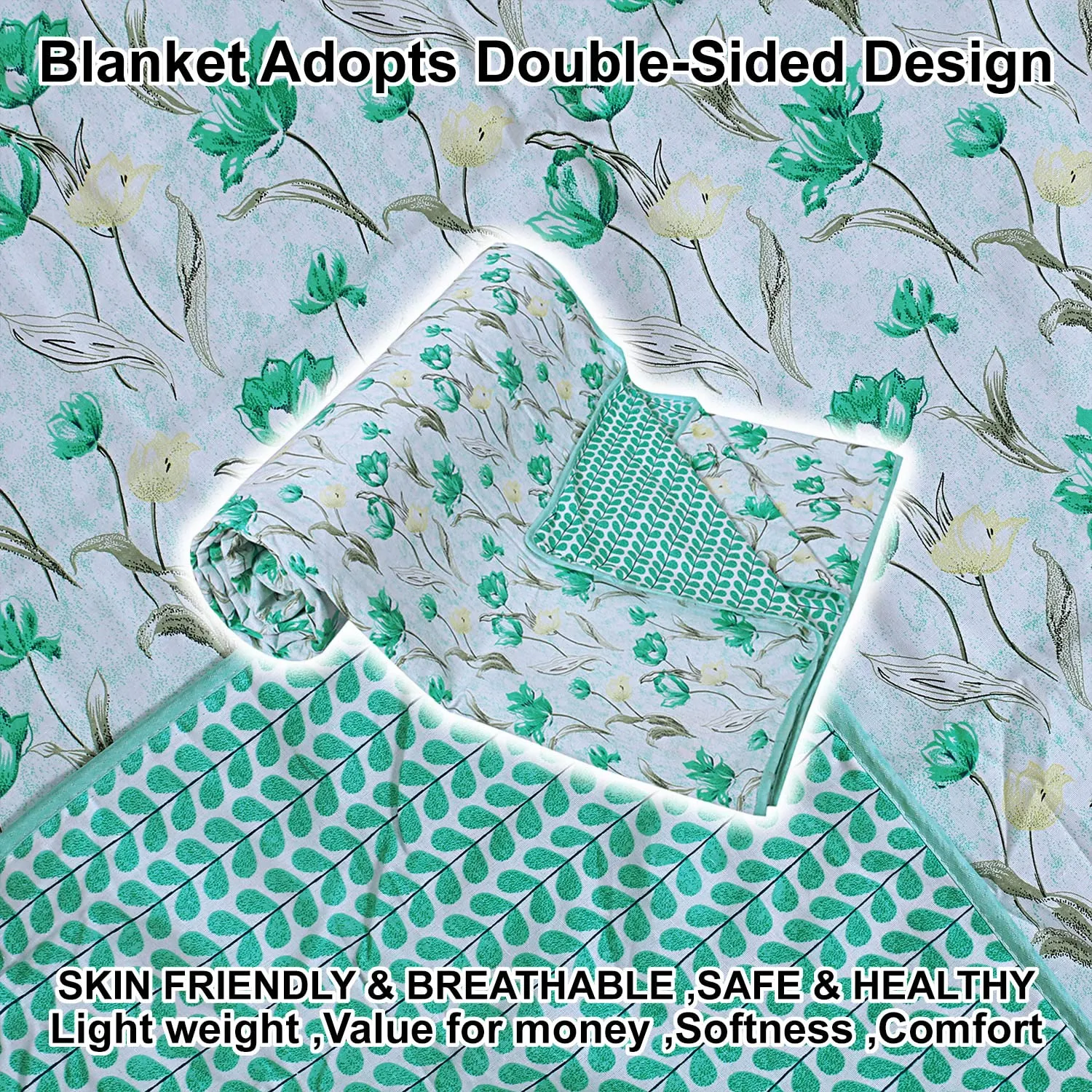 Heart Home Cotton Soft Lightweight Floral Design Reversible Single Bed Dohar | Blanket | AC Quilt for Home & Travel (Green)